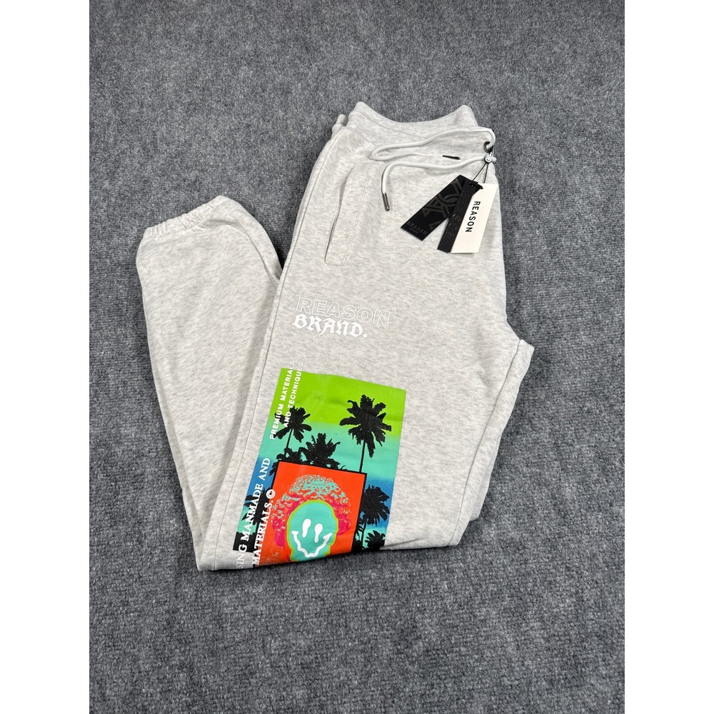 Reason Brand Mens XL Gray Graphic Jogger Sweatpants Streetwear Fleece Logo NWT